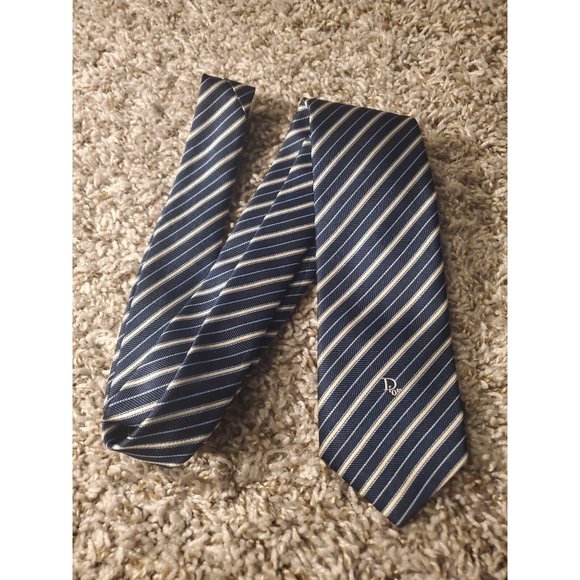 Christian Dior Vintage Navy Blue Stripe Polyester & Silk Blend Men’s Tie - Picture 2 of 7